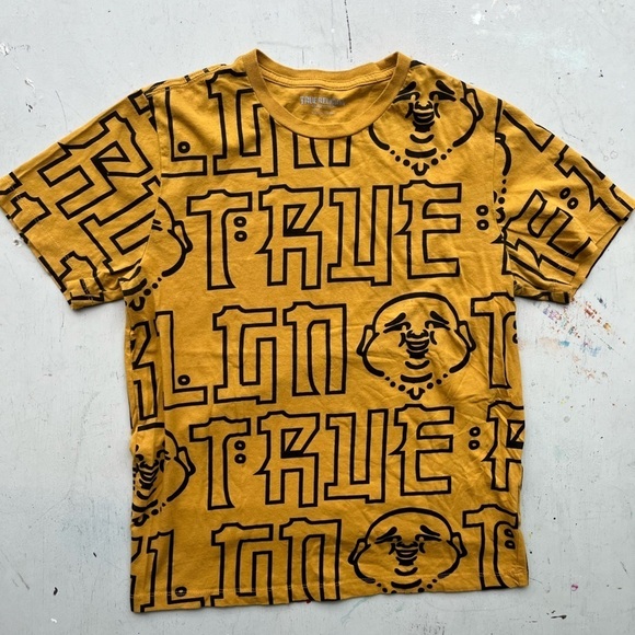 Women's True Religion T-Shirt Yellow All-Over Print M Buddha Y2K Logo Streetwear - Picture 1 of 12